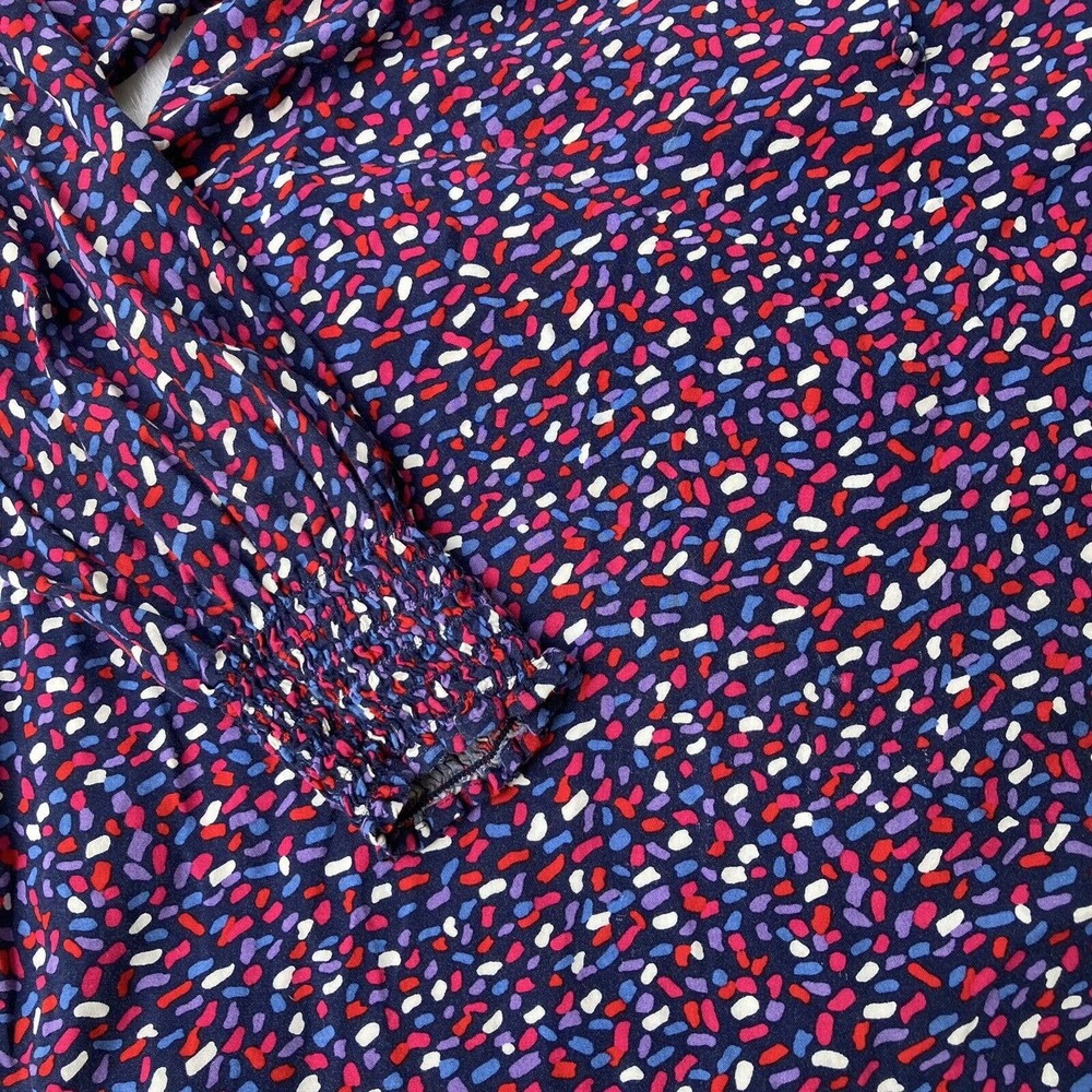 Talbots Blouse Sz XS Colorful Long Sleeve Smocked Fringe Tie Neck Elastic Womens - Picture 2 of 9